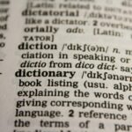 Detailed close-up view of a dictionary page highlighting the word 'dictionary' and its definition.